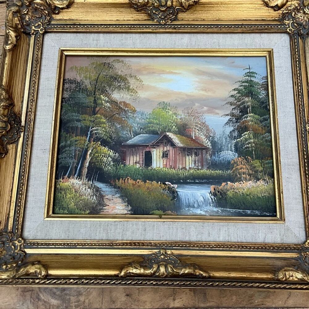 Vintage-style Oil Painting Cabin by a river Gold Ornate Wood Frame - Picture 3 of 11